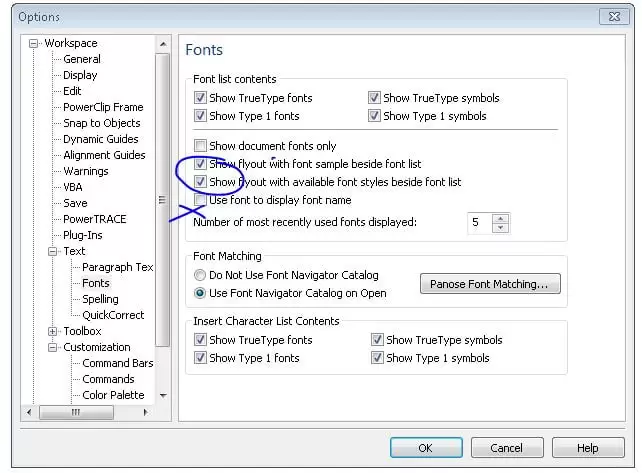 CorelDraw font style settings