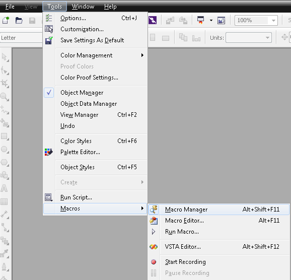 Macro Manager Panel in CorelDraw x6