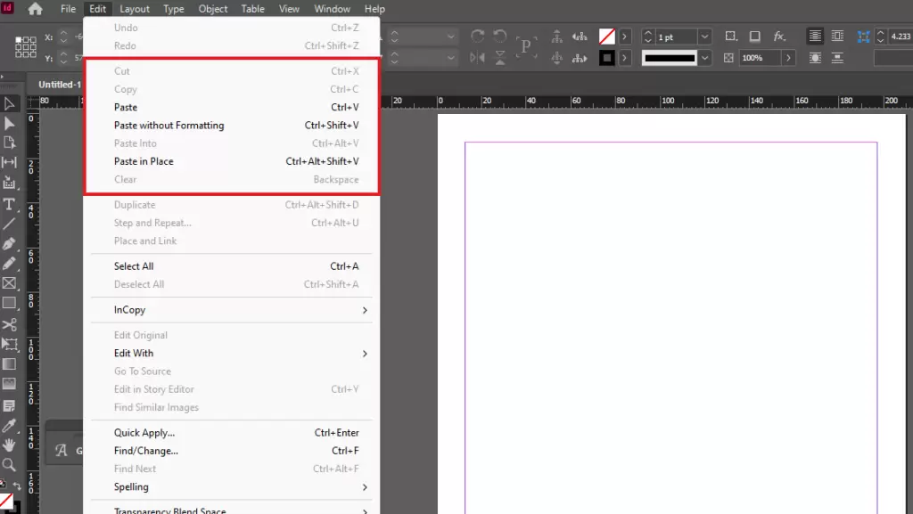 Cut and Paste Commands in Adobe InDesign