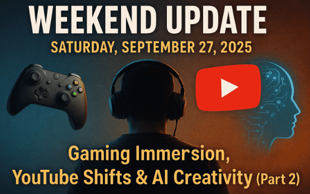 🎮 Saturday, September 27, 2025 – Weekend Update: Gaming Immersion, YouTube Shifts & AI Creativity (Part 2)